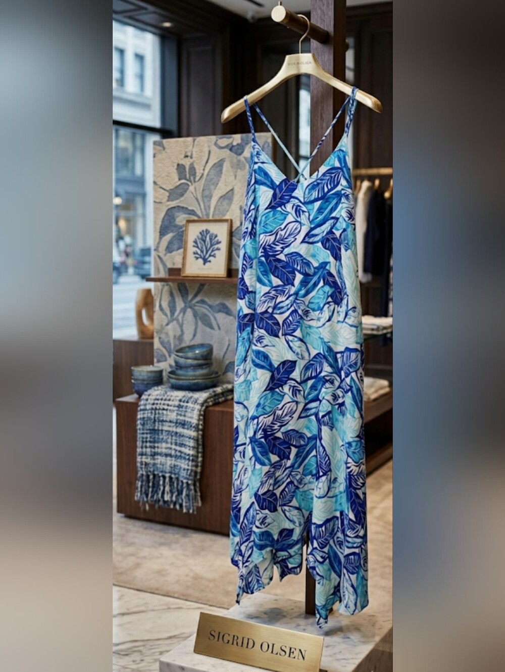 Sigrid Olsen Tropical Leaf Linen Dress Blue Handkerchief Hem